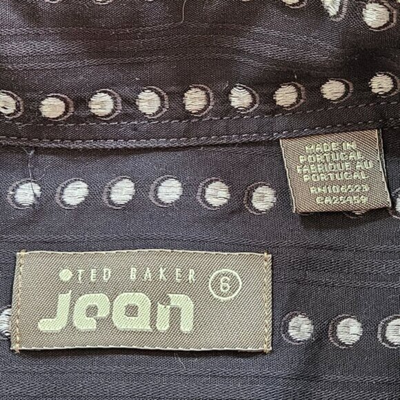 Ted Baker Jean Shirt Mens 6 US L Black Cream Cotton LS Swiss Dots Buttons Boho - Picture 3 of 15